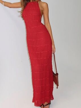 Princess Polly Red Halter Backless Tiered Maxi Dress
